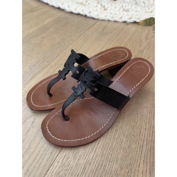 Tory Burch Moore Block Heel Black Leather Thong Sandals - Size 8M - Excellent - Picture 12 of 12